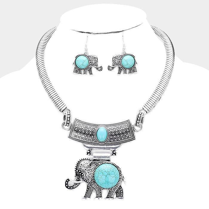Turquoise Natural Stone Embossed Metal Elephant Pendant Necklace - Jewelry Store by Erik Rayo