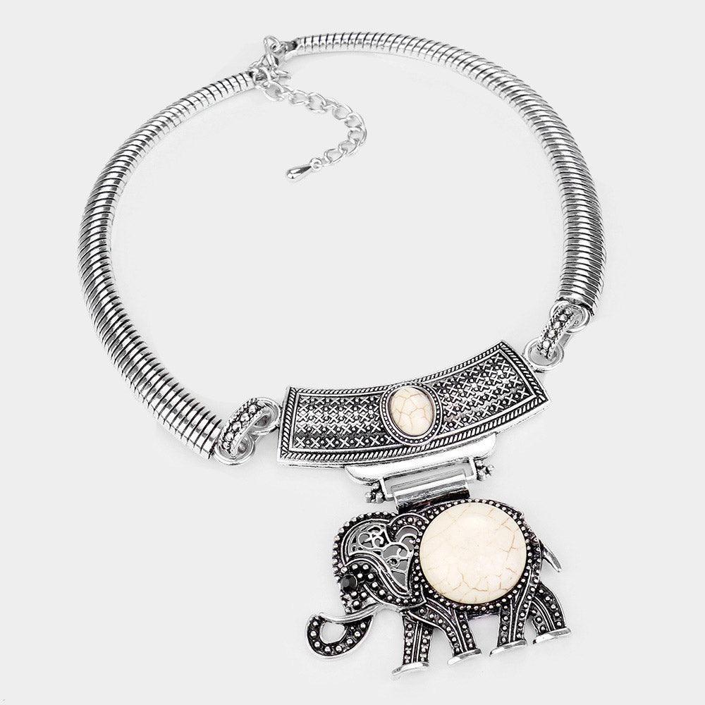 White Natural Stone Embossed Metal Elephant Pendant Necklace - Jewelry Store by Erik Rayo