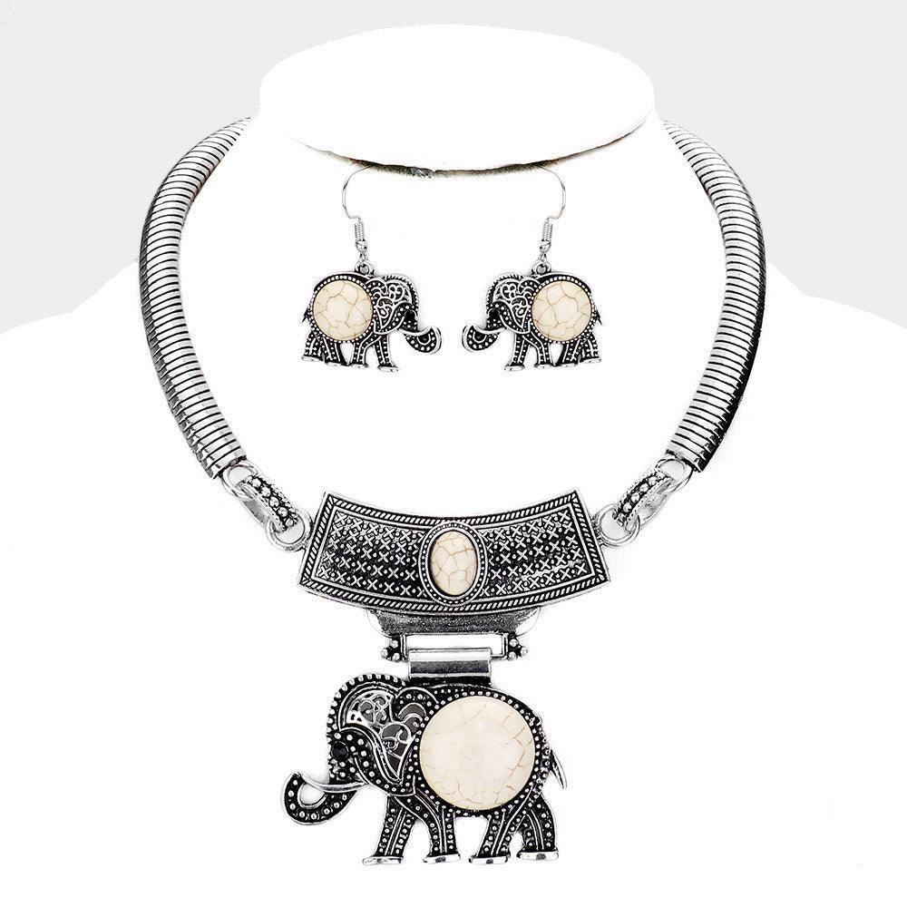 White Natural Stone Embossed Metal Elephant Pendant Necklace - Jewelry Store by Erik Rayo