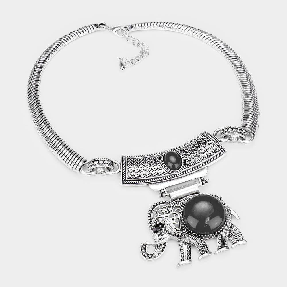 Black Natural Stone Embossed Metal Elephant Pendant Necklace - Jewelry Store by Erik Rayo