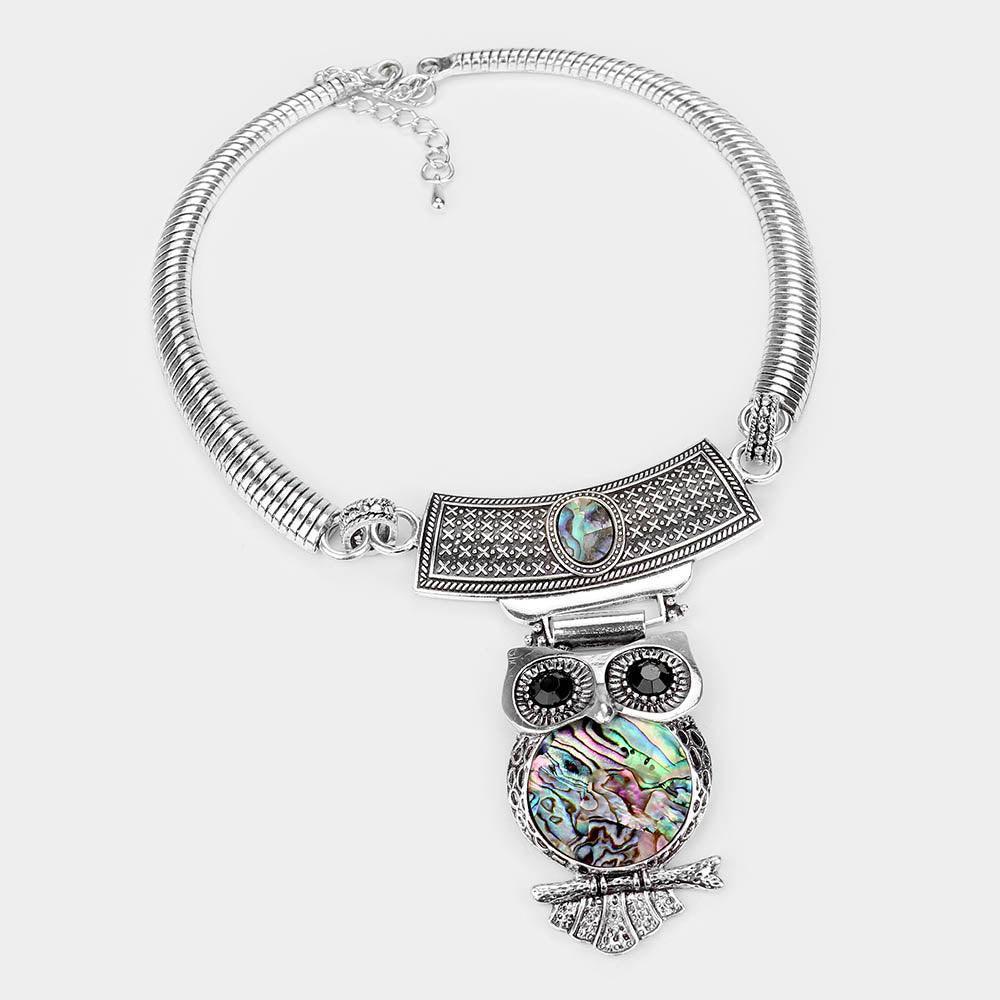 Embossed Metal Owl Natural Stone Round Necklace - Jewelry Store by Erik Rayo