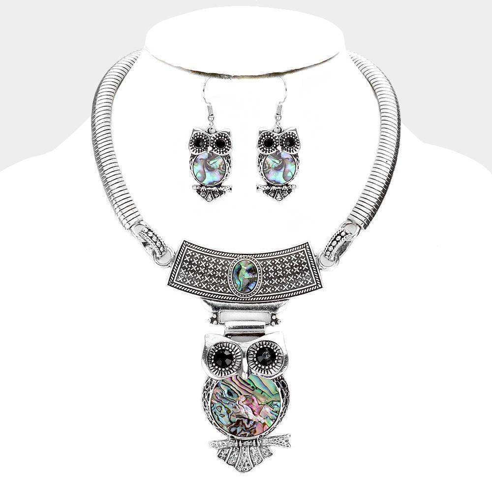 Embossed Metal Owl Natural Stone Round Necklace - Jewelry Store by Erik Rayo