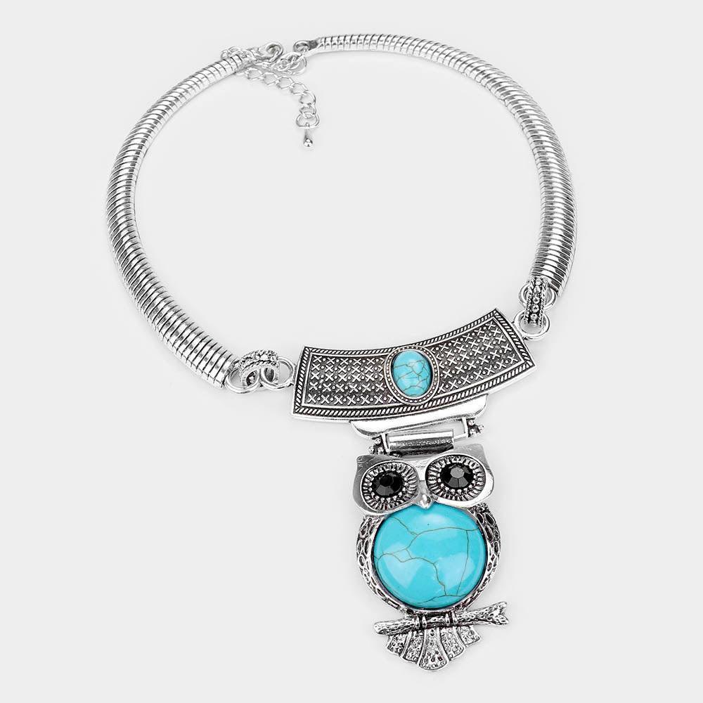 Turquoise Embossed Metal Owl Natural Stone Round Necklace - Jewelry Store by Erik Rayo