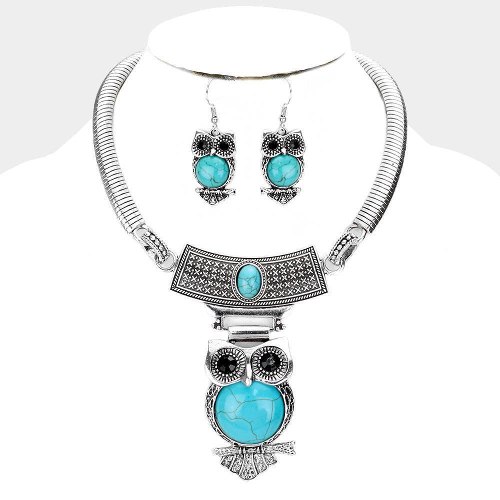 Turquoise Embossed Metal Owl Natural Stone Round Necklace - Jewelry Store by Erik Rayo