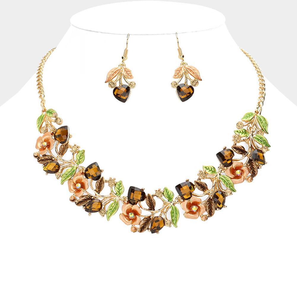 Brown Stone Flower Leaf Statement Necklace - Jewelry Store by Erik Rayo