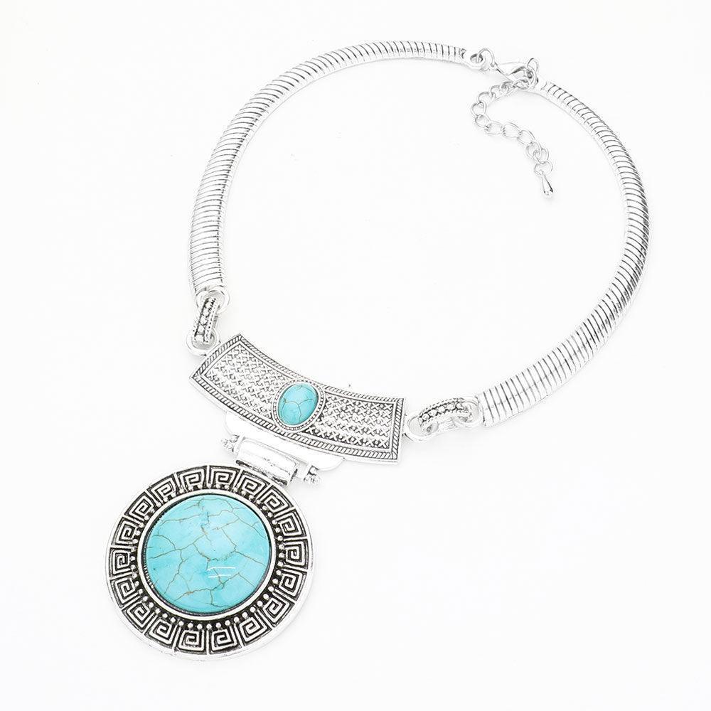 Turquoise Natural Stone Accented Antique Pattern Detailed Necklace - Jewelry Store by Erik Rayo