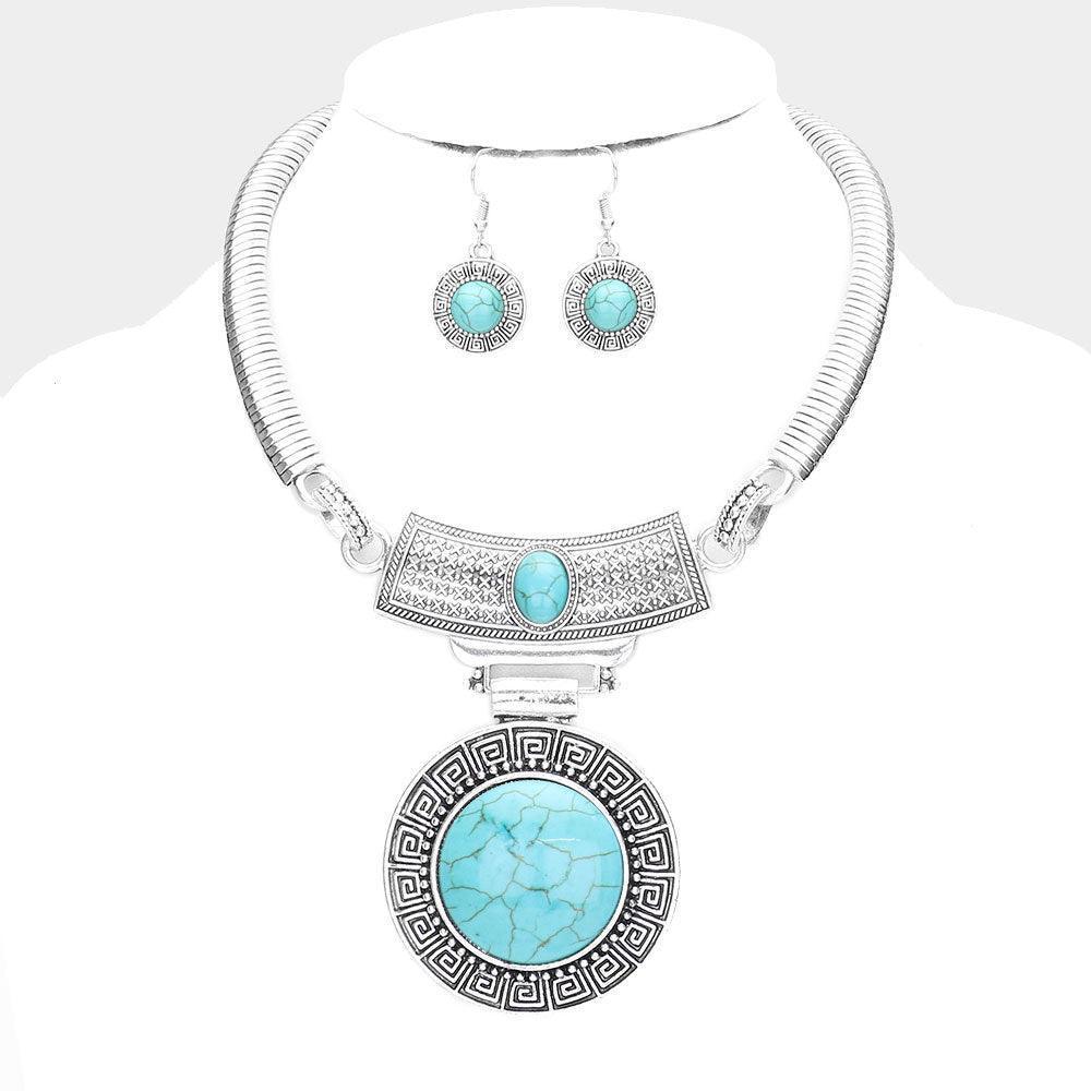 Turquoise Natural Stone Accented Antique Pattern Detailed Necklace - Jewelry Store by Erik Rayo