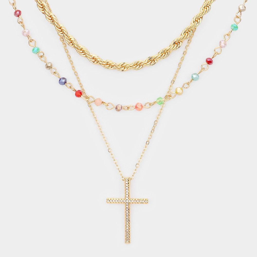 Rhinestone Embellished Cross Pendant Triple Layered Necklace - Jewelry Store by Erik Rayo