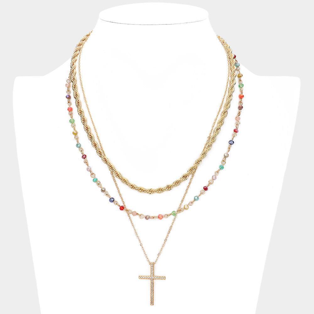 Rhinestone Embellished Cross Pendant Triple Layered Necklace - Jewelry Store by Erik Rayo