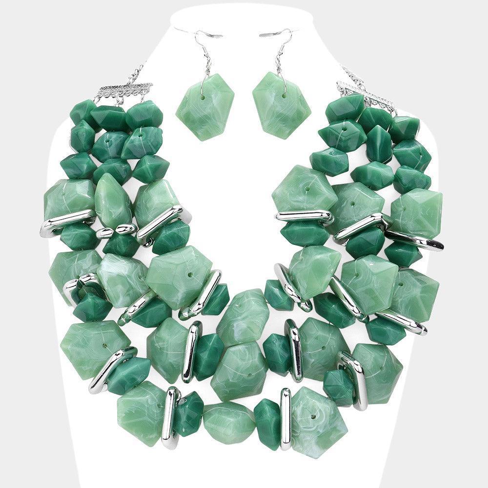 Green Marbled Beaded Triple Layered Bib Necklace - Jewelry Store by Erik Rayo