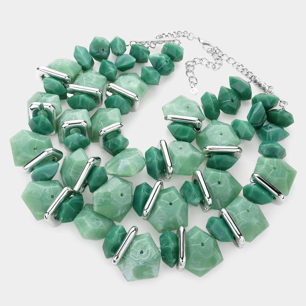 Green Marbled Beaded Triple Layered Bib Necklace - Jewelry Store by Erik Rayo