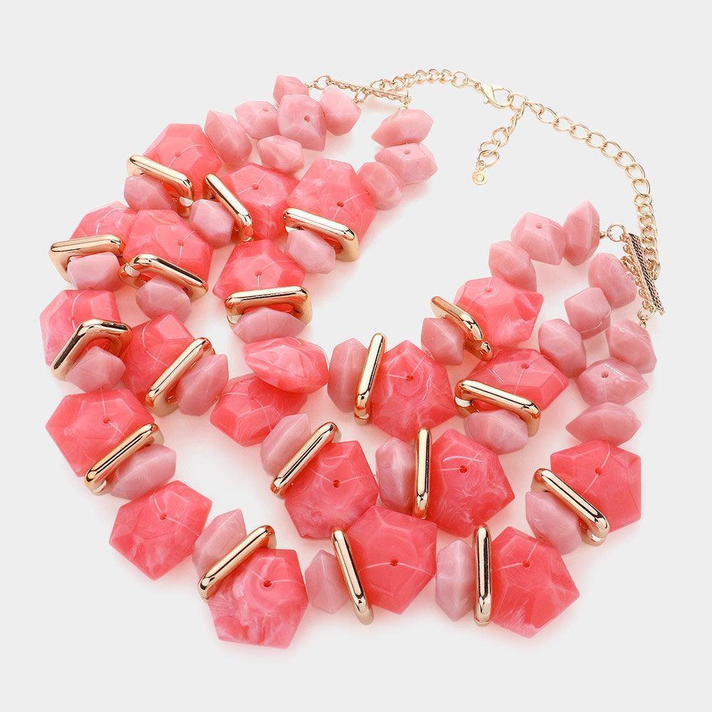 Pink Marbled Beaded Triple Layered Bib Necklace - Jewelry Store by Erik Rayo