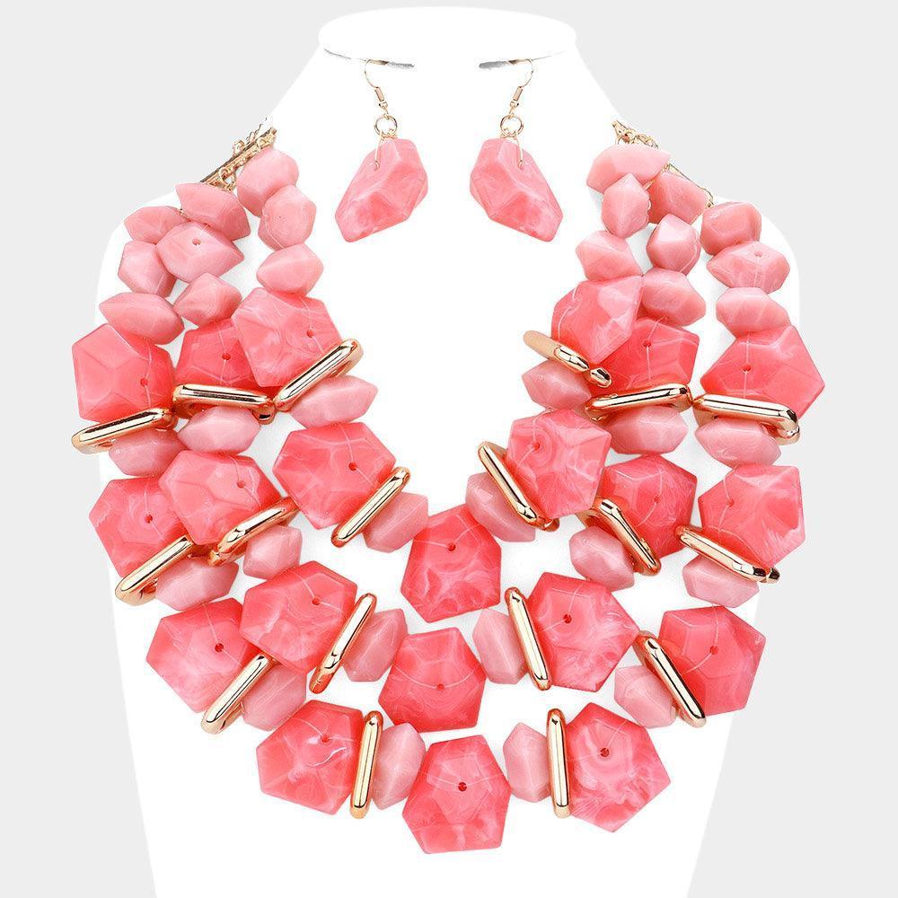 Pink Marbled Beaded Triple Layered Bib Necklace - Jewelry Store by Erik Rayo