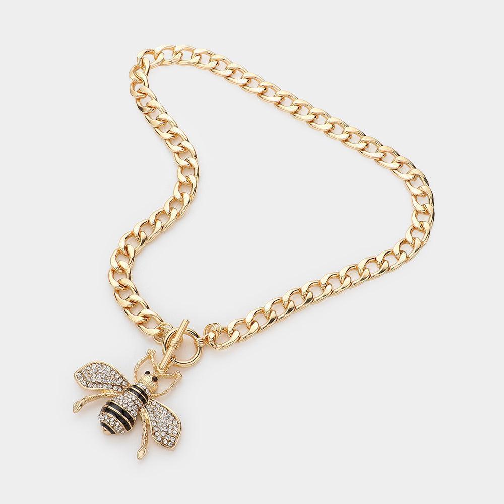 Gold Rhinestone Embellished Bee Pendant Toggle Necklace - Jewelry Store by Erik Rayo