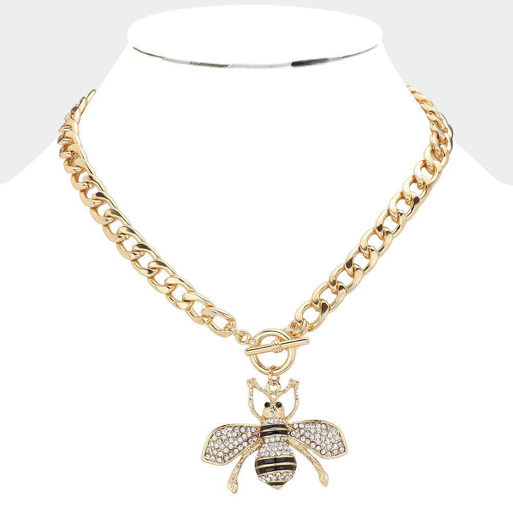 Gold Rhinestone Embellished Bee Pendant Toggle Necklace - Jewelry Store by Erik Rayo