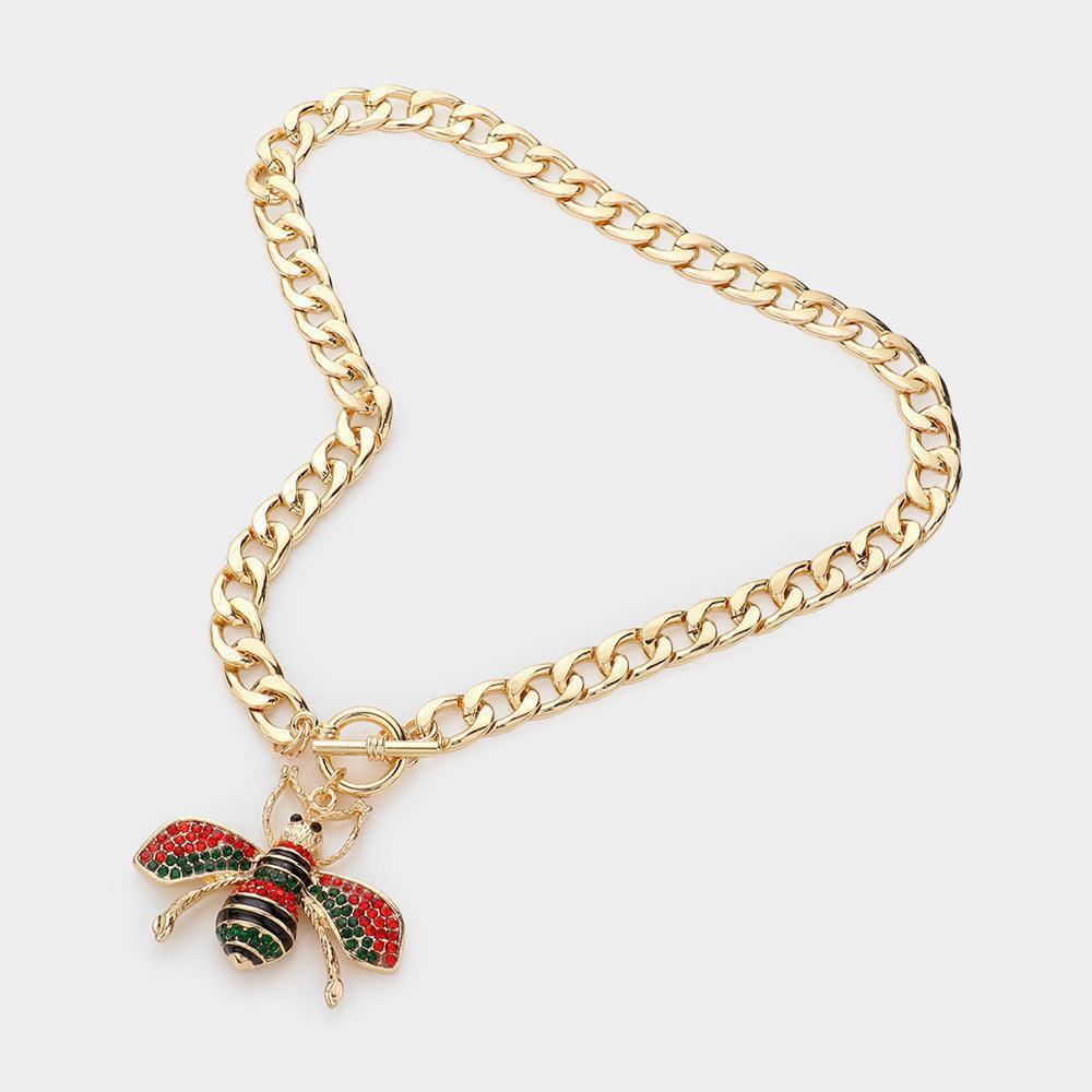 Rhinestone Embellished Bee Pendant Toggle Necklace - Jewelry Store by Erik Rayo