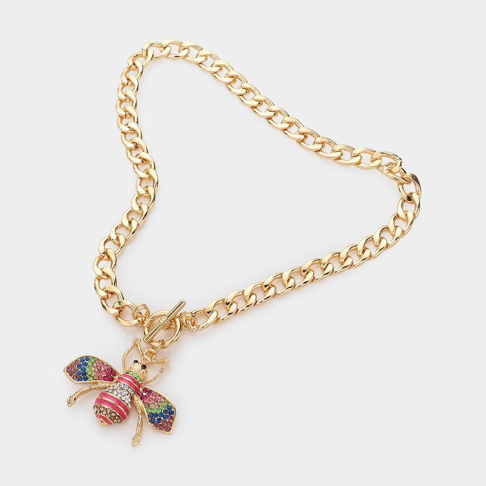 Rhinestone Embellished Bee Pendant Toggle Necklace - Jewelry Store by Erik Rayo