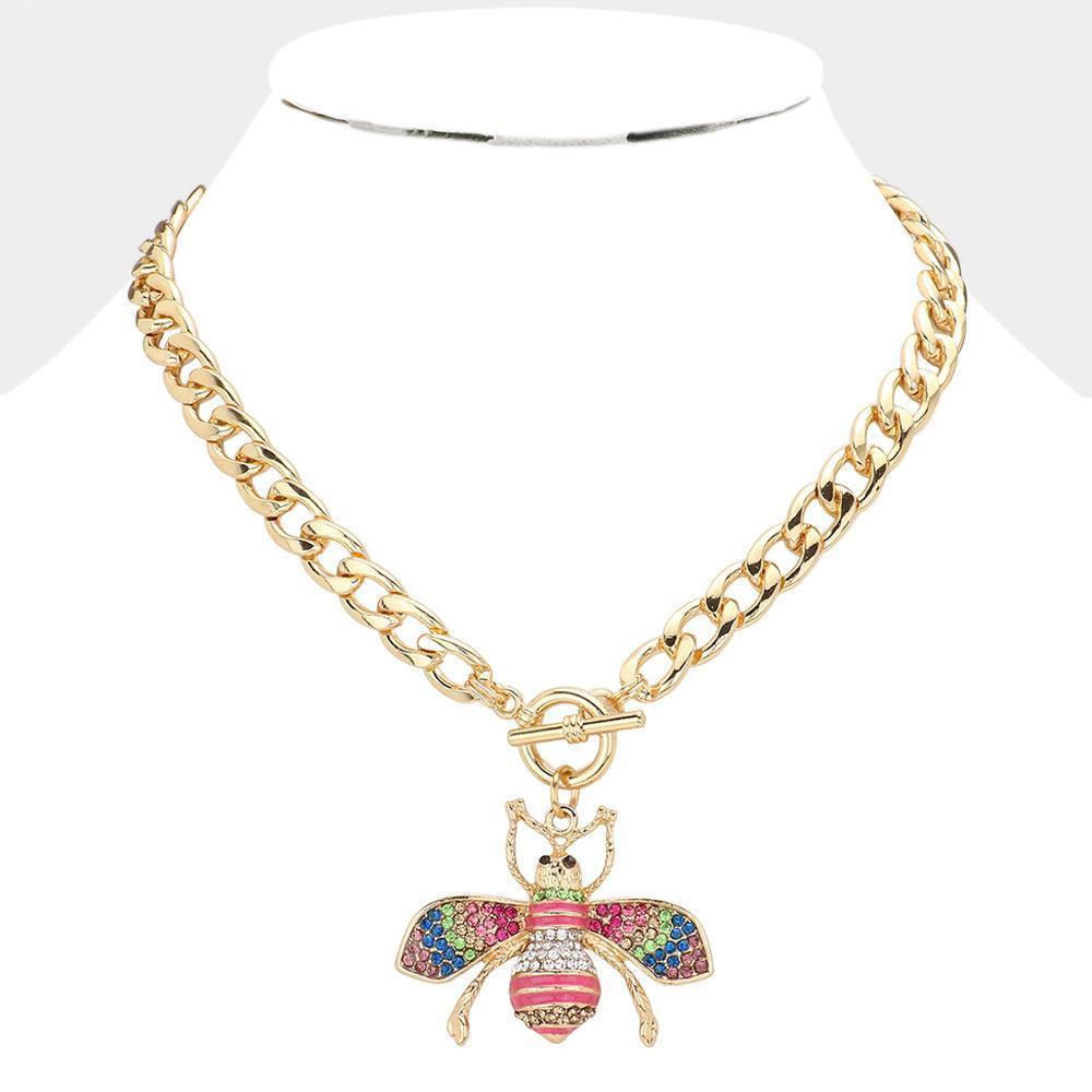 Rhinestone Embellished Bee Pendant Toggle Necklace - Jewelry Store by Erik Rayo