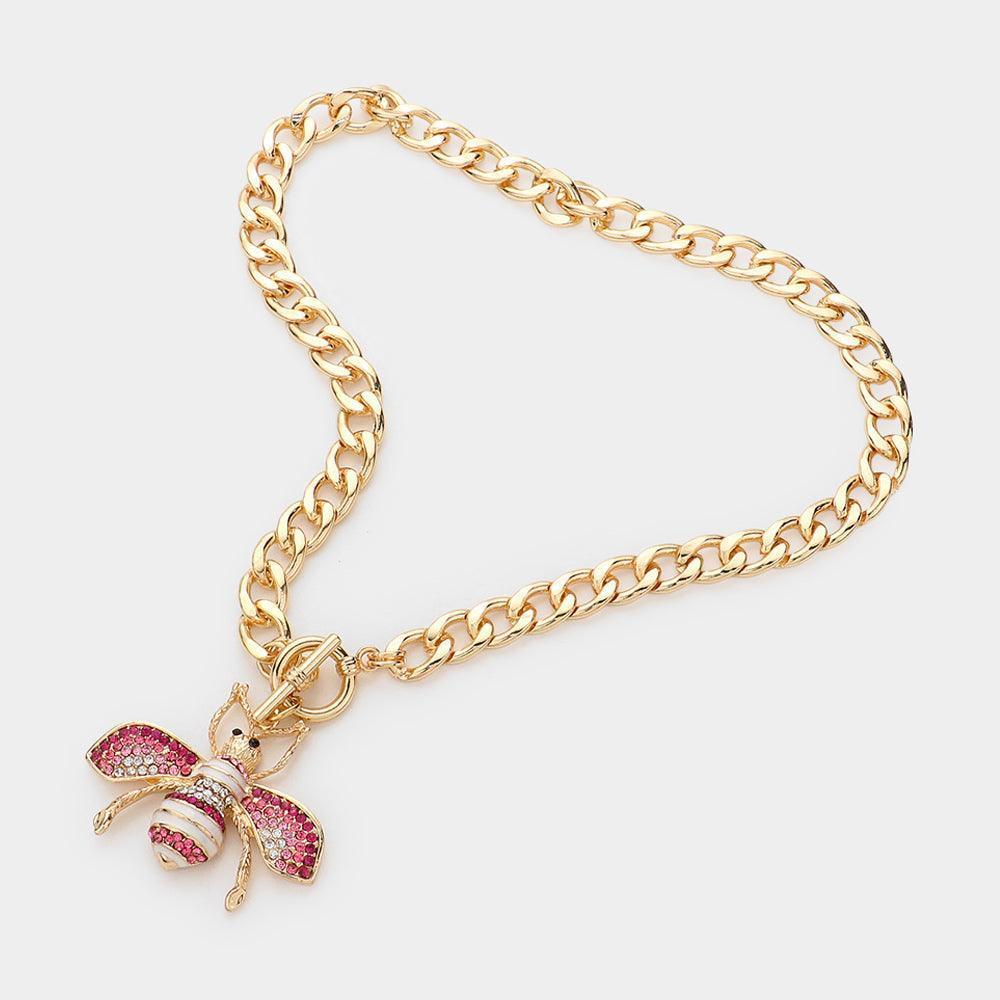 Pink Rhinestone Embellished Bee Pendant Toggle Necklace - Jewelry Store by Erik Rayo