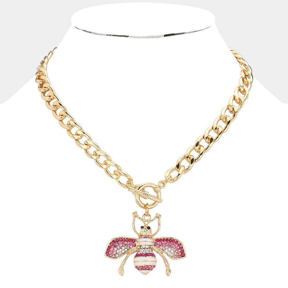Pink Rhinestone Embellished Bee Pendant Toggle Necklace - Jewelry Store by Erik Rayo