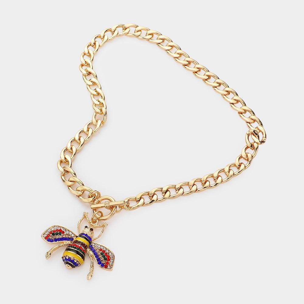 Rhinestone Embellished Bee Pendant Toggle Necklace - Jewelry Store by Erik Rayo