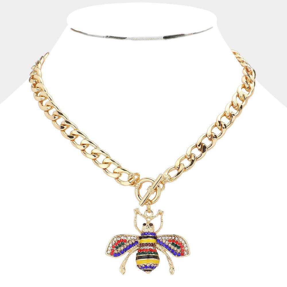 Rhinestone Embellished Bee Pendant Toggle Necklace - Jewelry Store by Erik Rayo