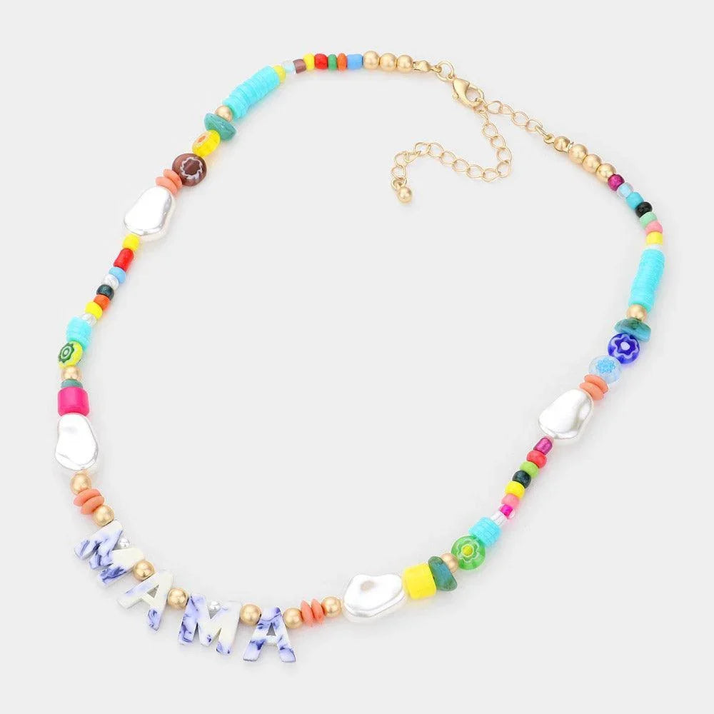 Blue MAMA Celluloid Acetate Message Accented Pearl Multi Beaded Necklace - Jewelry Store by Erik Rayo