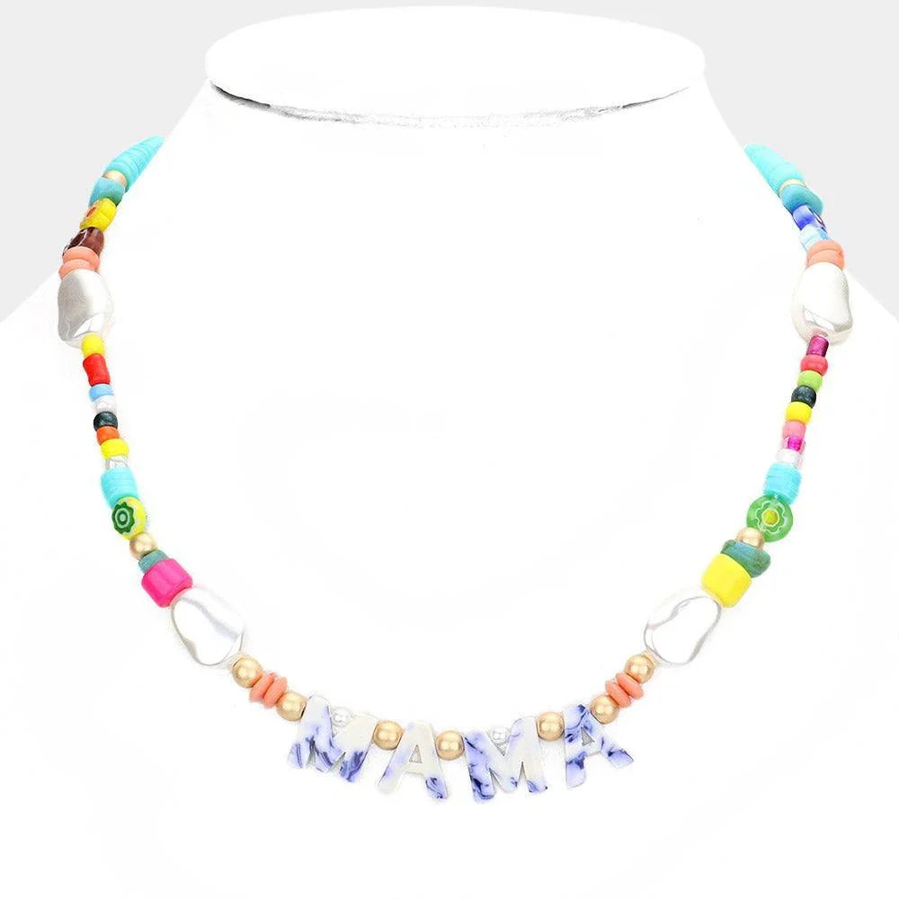 Blue MAMA Celluloid Acetate Message Accented Pearl Multi Beaded Necklace - Jewelry Store by Erik Rayo