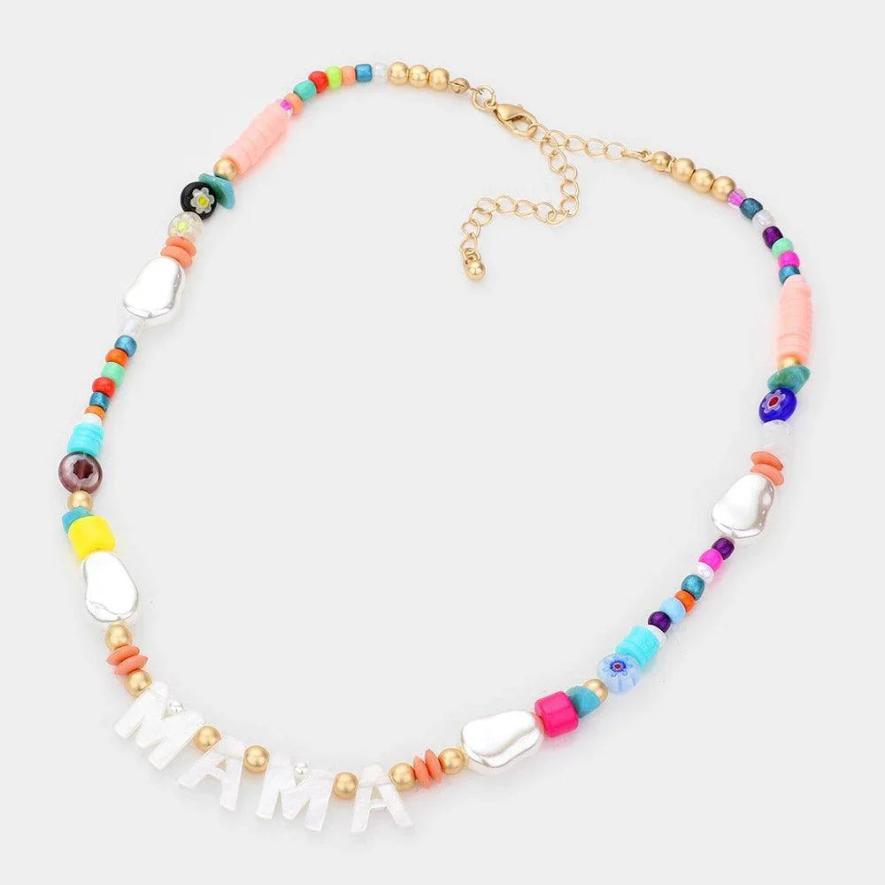 White MAMA Celluloid Acetate Message Accented Pearl Multi Beaded Necklace - Jewelry Store by Erik Rayo