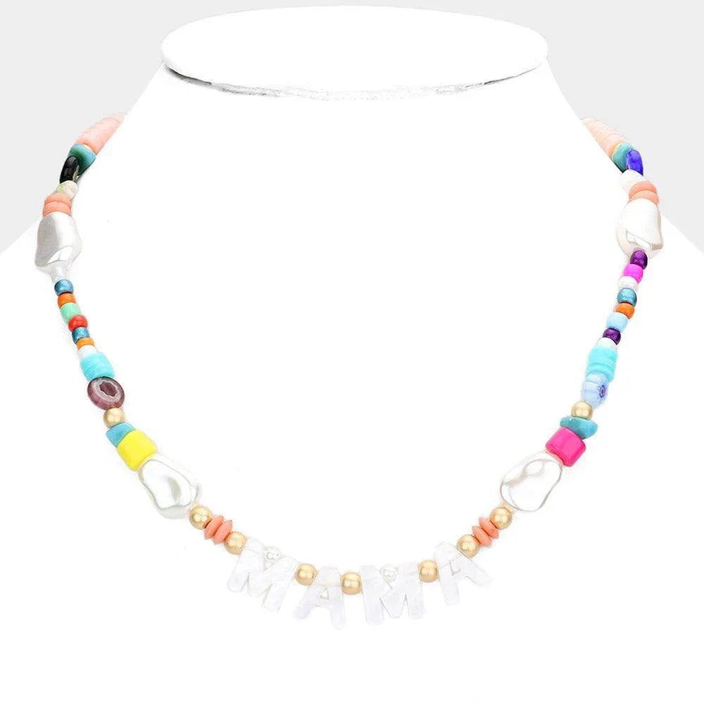 White MAMA Celluloid Acetate Message Accented Pearl Multi Beaded Necklace - Jewelry Store by Erik Rayo