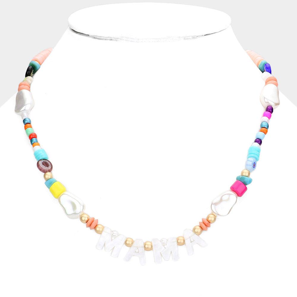 White MAMA Celluloid Acetate Message Accented Pearl Multi Beaded Necklace