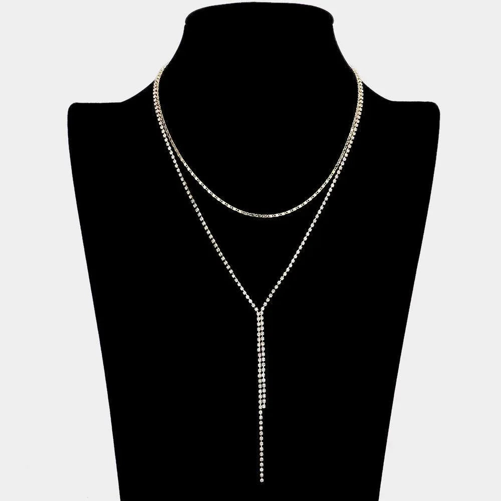 Gold Brass Metal Rhinestone Pave Double Layered Y Necklace - Jewelry Store by Erik Rayo