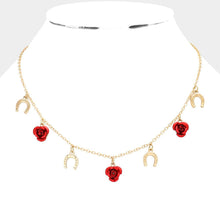 Load image into Gallery viewer, Red Rose Metal Horseshoe Station Necklace
