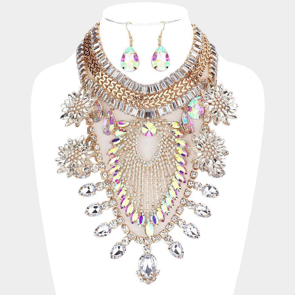 Gold Flower Teardrop Marquise Stone Embellished Chain Details Statement Necklace - Jewelry Store by Erik Rayo