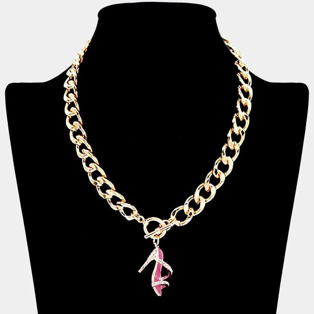 Pink Rhinestone Embellished Enamel Stiletto Heel Pendant Toggle Necklace - Jewelry Store by Erik Rayo