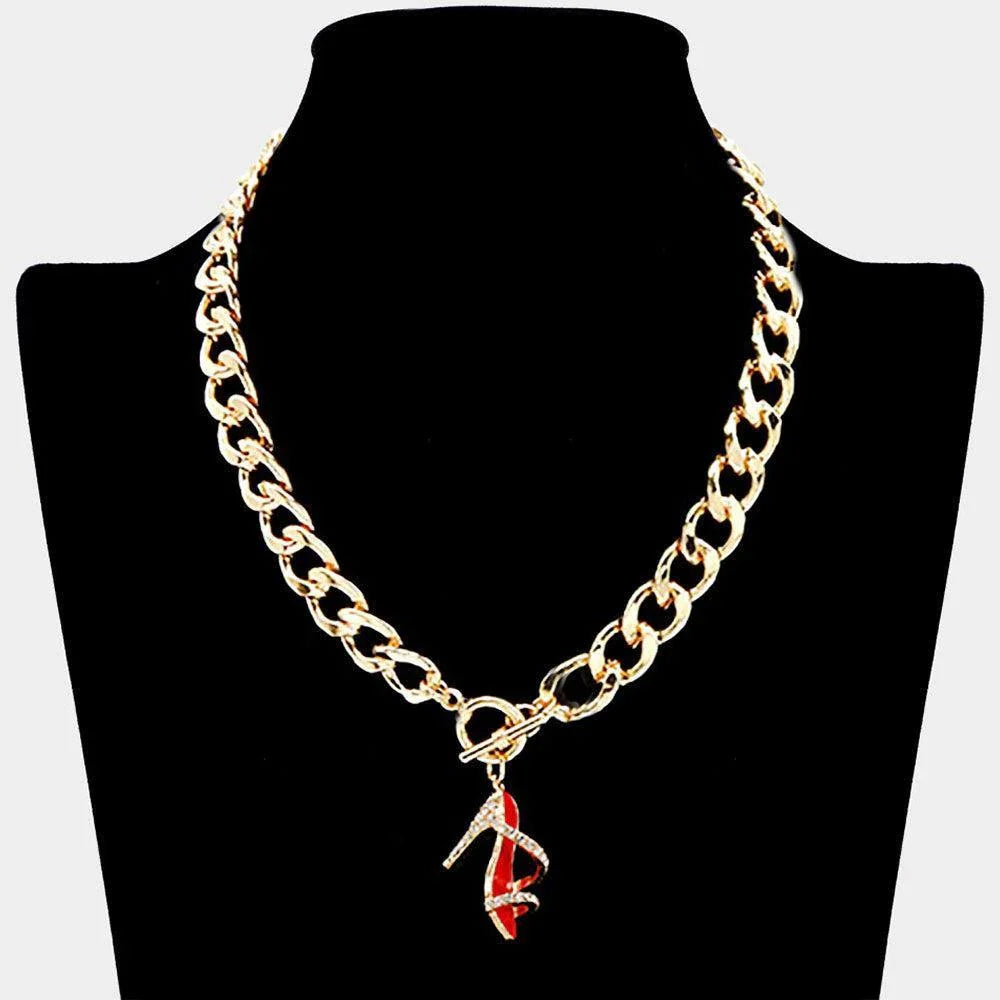 Red Rhinestone Embellished Enamel Stiletto Heel Pendant Toggle Necklace - Jewelry Store by Erik Rayo