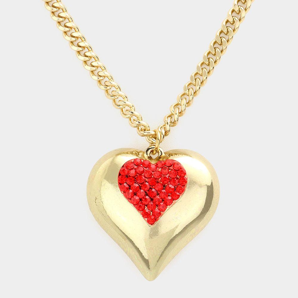 Red Crystal pave chunky heart pendant necklace