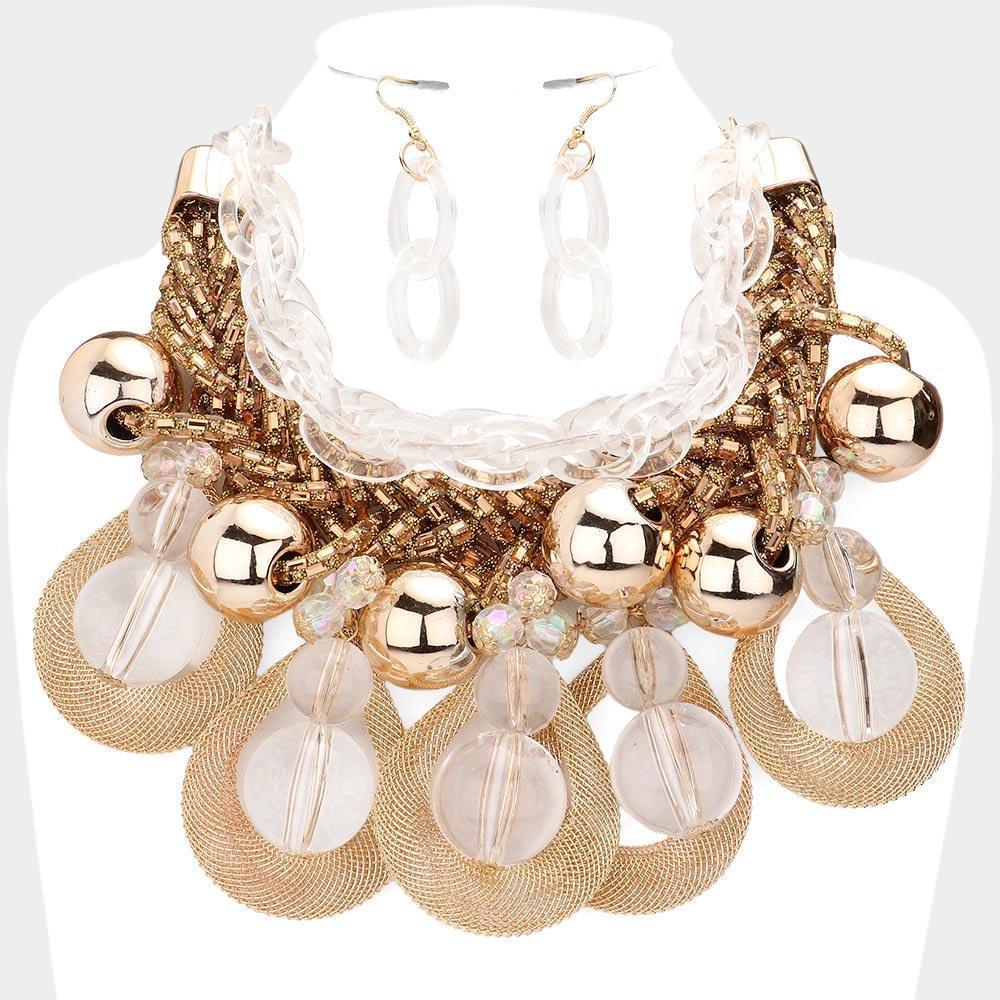 Gold Metal Open Teardrop Lucite Ball Accented Statement Necklace - Jewelry Store by Erik Rayo