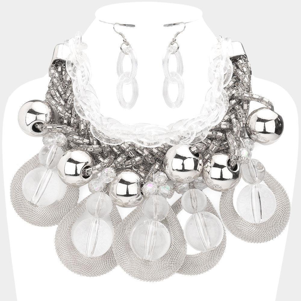 Metal Open Teardrop Lucite Ball Accented Statement Necklace