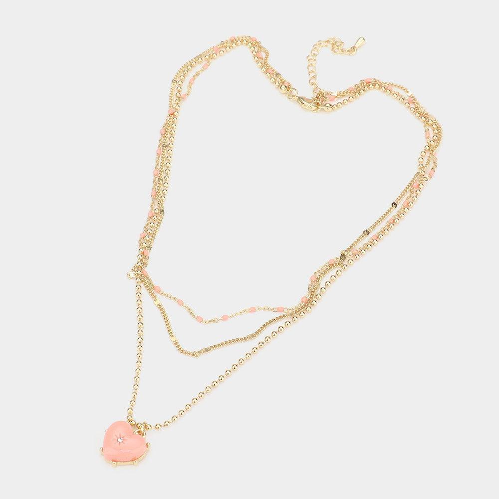 Peach Heart Pendant Triple Layered Necklace - Jewelry Store by Erik Rayo