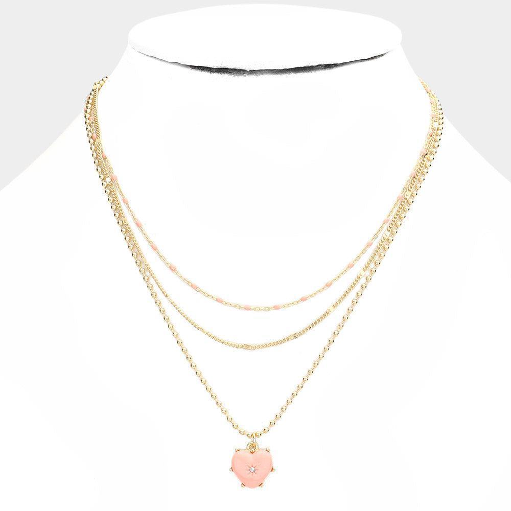 Peach Heart Pendant Triple Layered Necklace - Jewelry Store by Erik Rayo