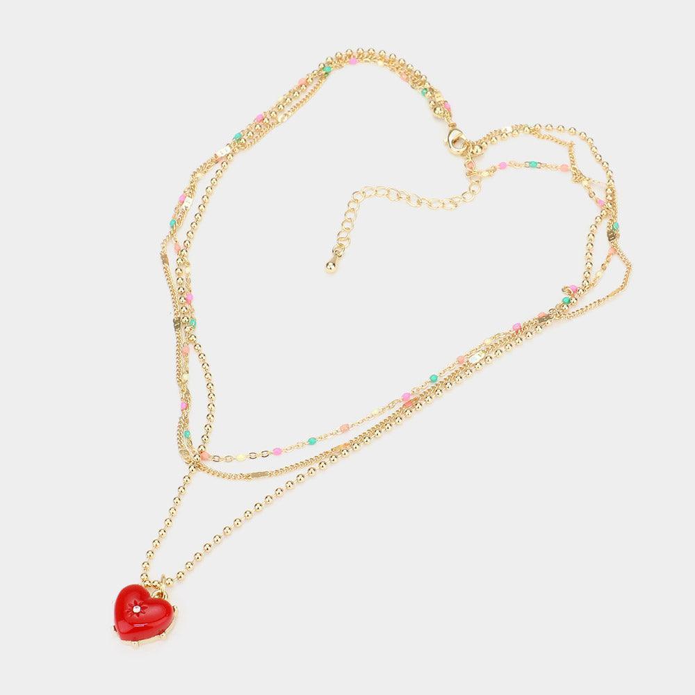 Red Heart Pendant Triple Layered Necklace - Jewelry Store by Erik Rayo