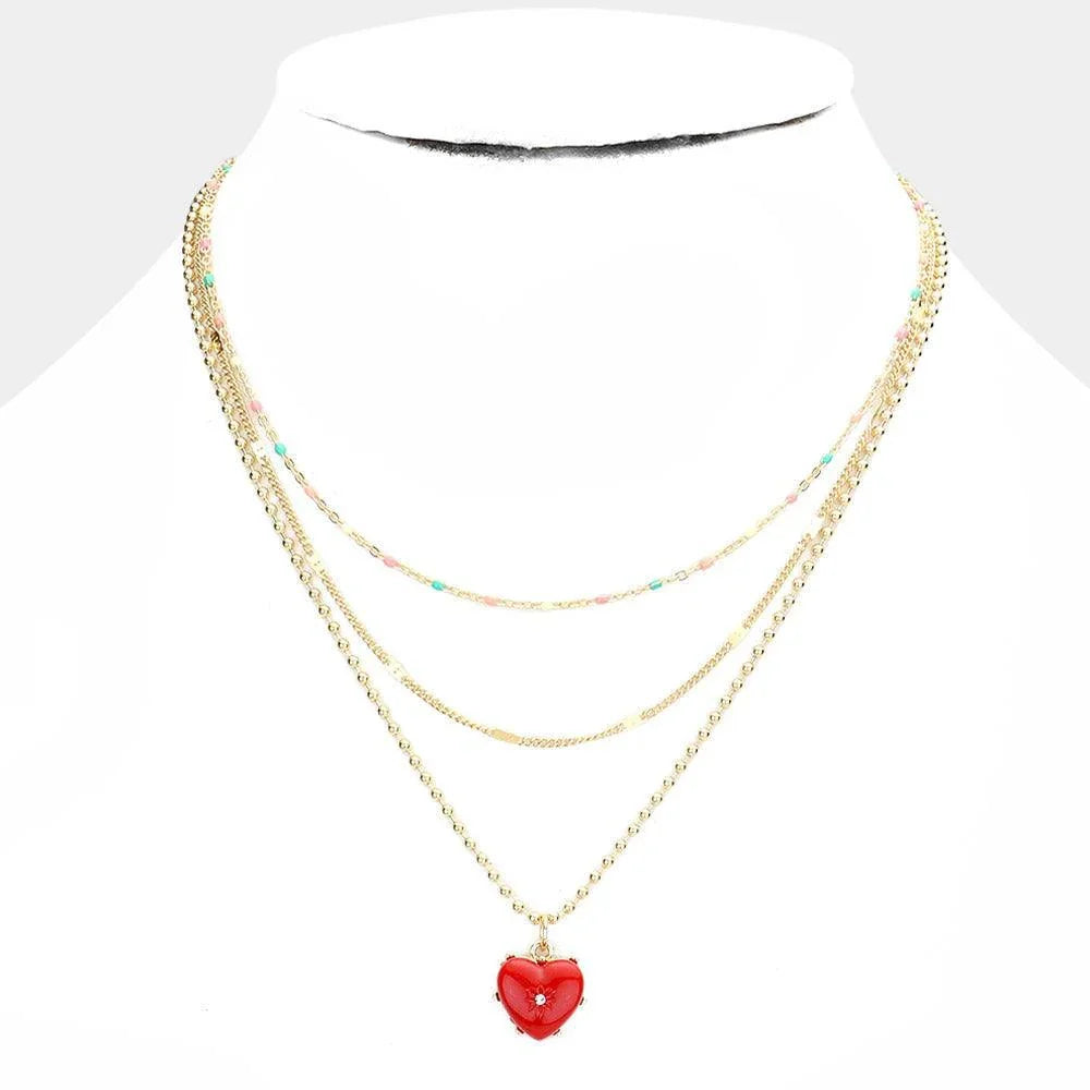 Red Heart Pendant Triple Layered Necklace - Jewelry Store by Erik Rayo