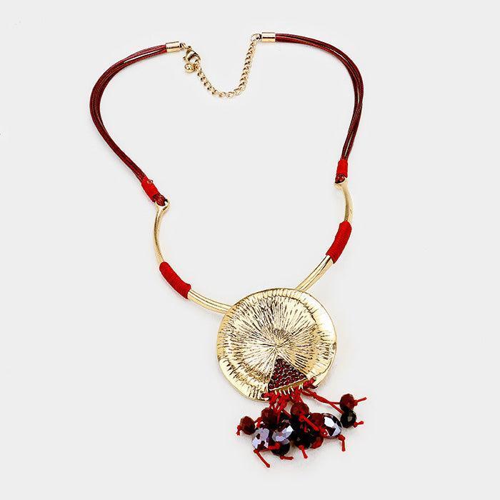 Red Cord Metal Round Drop Multi Bead Fringe Necklace - Jewelry Store by Erik Rayo