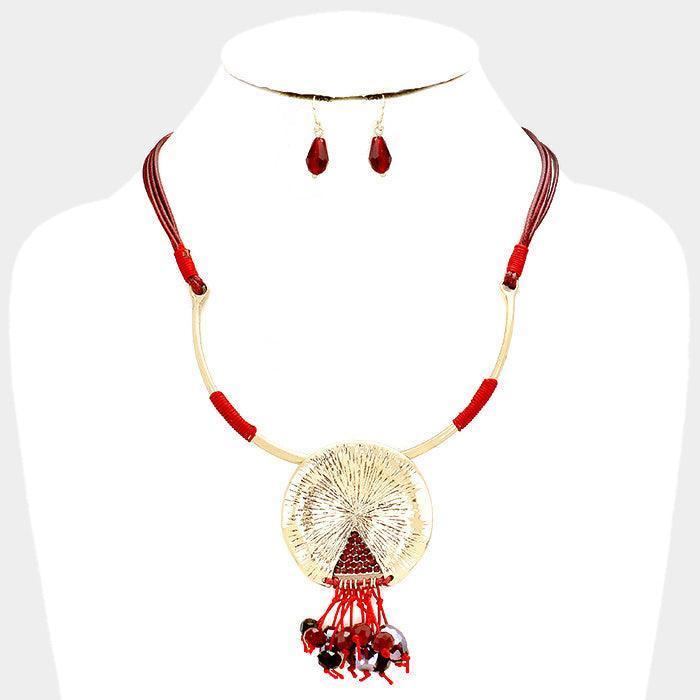 Red Cord Metal Round Drop Multi Bead Fringe Necklace - Jewelry Store by Erik Rayo