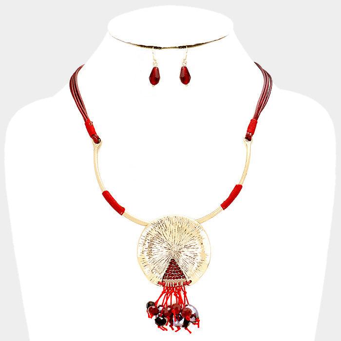 Red Cord Metal Round Drop Multi Bead Fringe Necklace