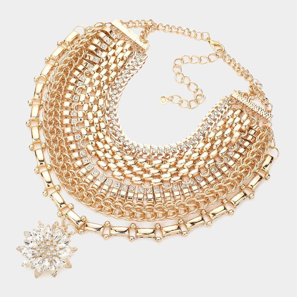 Gold Marquise Stone Cluster Flower Pointed Statement Necklace - Jewelry Store by Erik Rayo