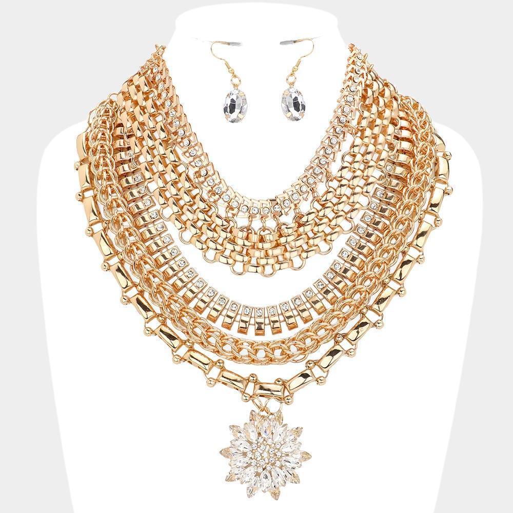 Gold Marquise Stone Cluster Flower Pointed Statement Necklace - Jewelry Store by Erik Rayo