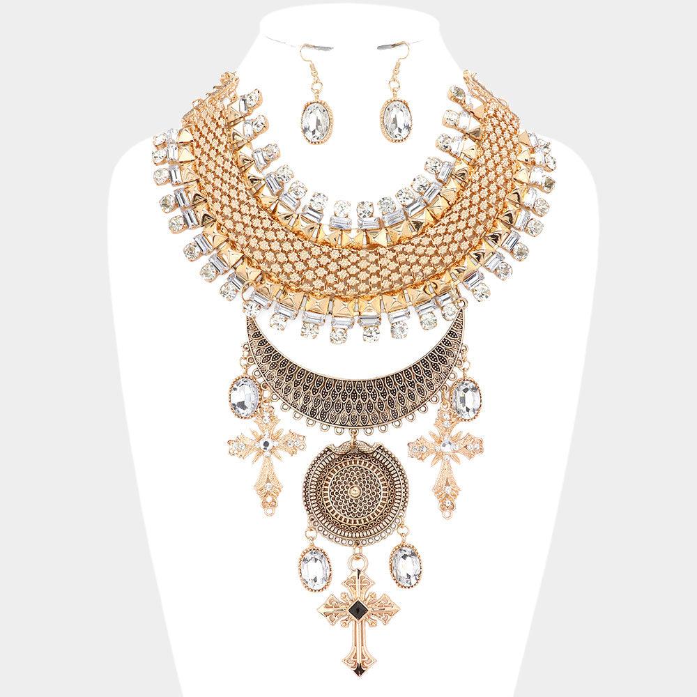 Gold Triple Cross Accented Statement Necklace