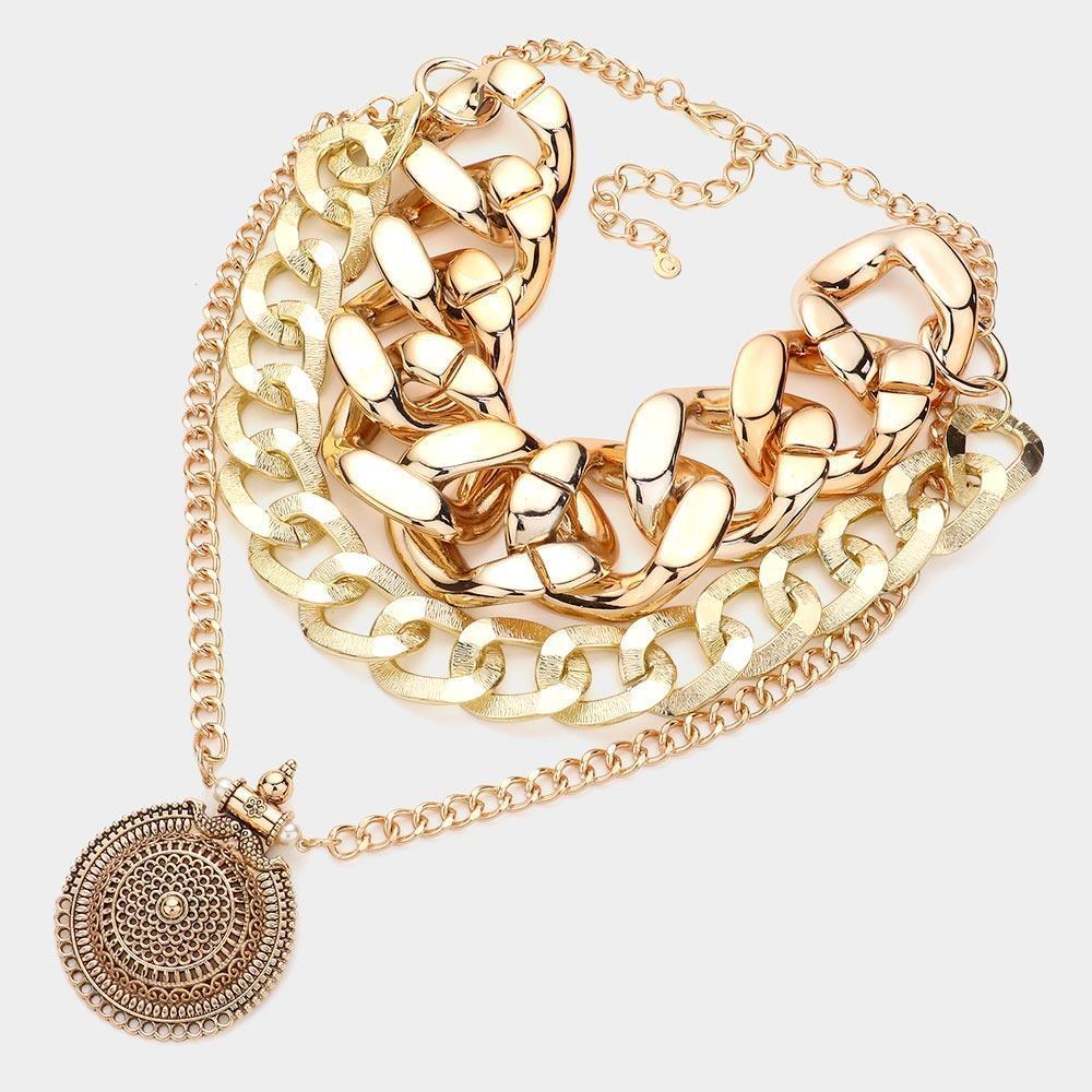 Gold Antique Metal Round Accented Chain Link Statement Necklace - Jewelry Store by Erik Rayo
